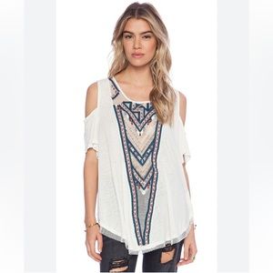 Free People Boho Gypsy Spell Cold Shoulder Embroidered Gauzy Tank Top Size Med